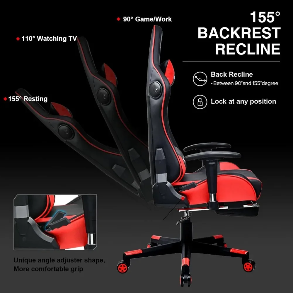 Cadeira ergonômica para jogos com alto-falantes para os pés, cadeira de videogame, música bluetooth, serviço pesado, mesa do escritório do computador, gamer vermelho