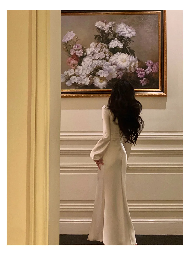 النمط الفرنسي الأنيق الصناعة الثقيلة الماس ساحة الرقبة متوهج كم عالية الخصر سليم صالح ذيل السمكة فستان حفلة طويلة النساء الخريف #6