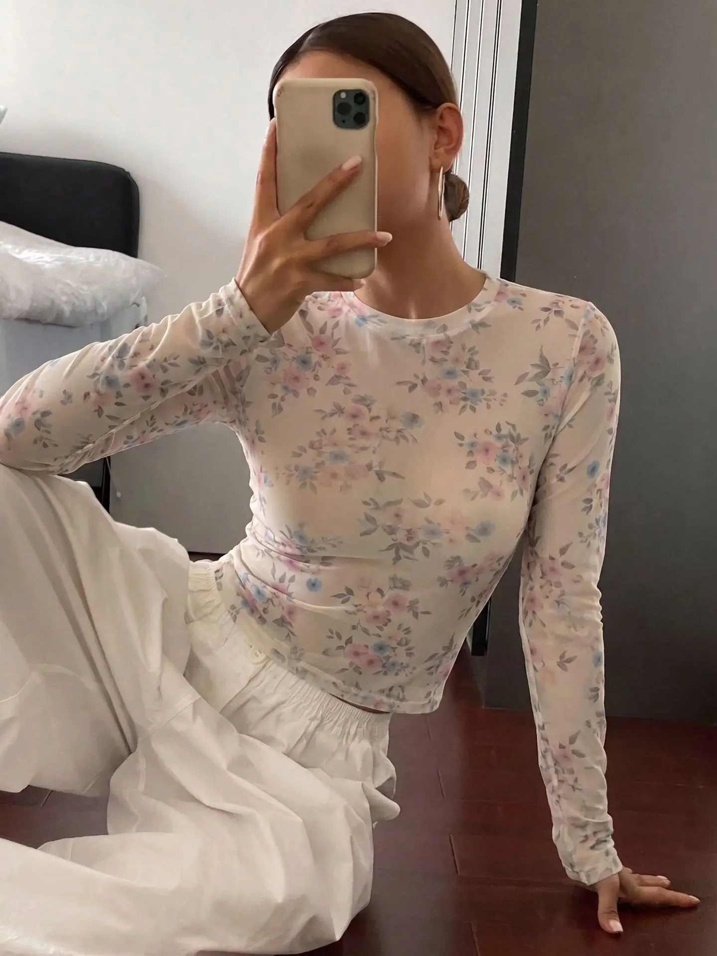 Women 2026 New Autumn Floral Print Mesh Long Sleeve T‑Shirt Round Neck Sheer See‑Through Slim Fit Cropped Layering Top Spicy Gir view 4