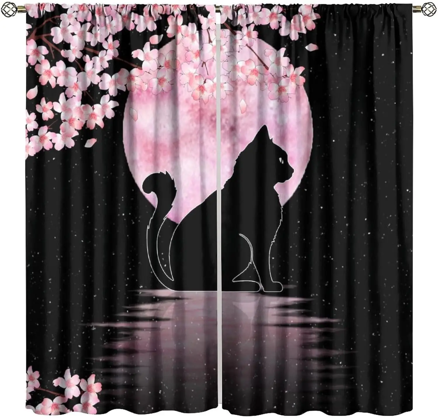 Asian Decor Window Curtains, Cherry Blossom Pink Floral Moon Phase Black Cat Japanese Style Kawaii Cute Home Kitchen Livingroom