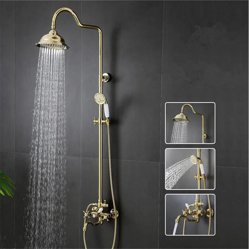 Gold Bathroom Shower Faucet Set Brass Bathroom Rainfall Shower Mixer Tap Brass Bath and Shower Faucet Set