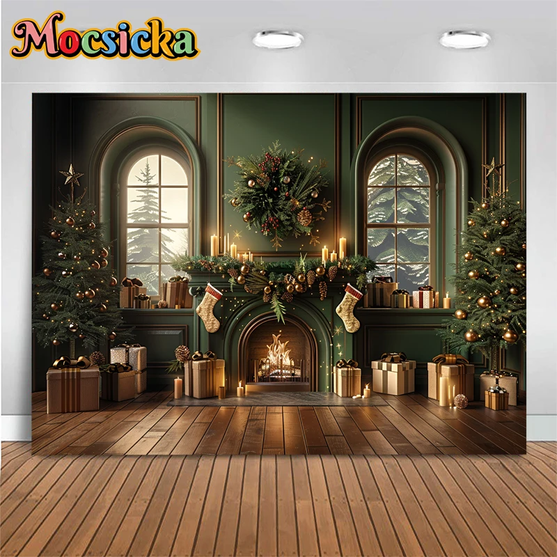 Christmas Fireplace Background Photography Christmas Tree Gift Socks Green Wall Baby Photo Backdrops Room Decorations Photobooth