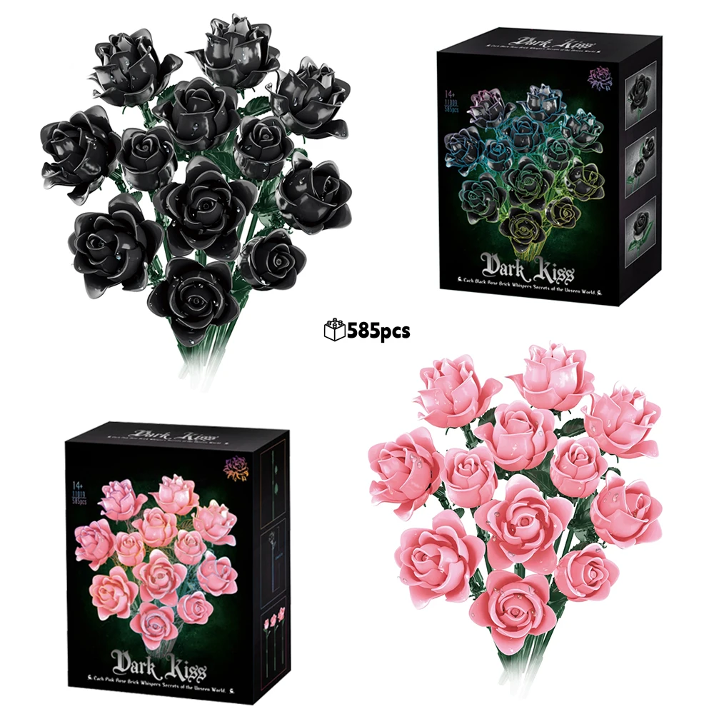 FUNXINEE 585 pièces romantique Rose Rose Bouquet gothique noir fleur blocs de construction ensemble ornement créatif saint valentin cadeau boîte élégante