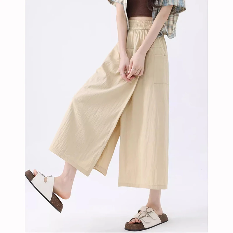 

Summer Lady Baggy Cargo Skirts Pants Girls Fashion High Waist Thin Slit Culottes Female Korean Solid Leisure Midi Dress