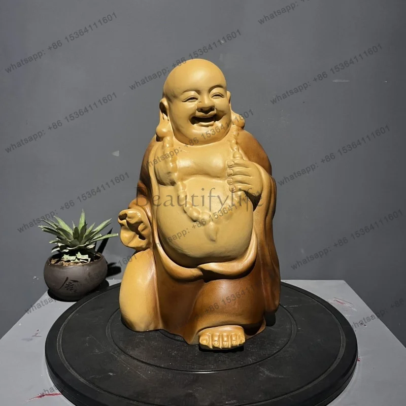 LSCamphor wood carving Maitreya Buddha solid wood ornaments home living room desktop home accessories