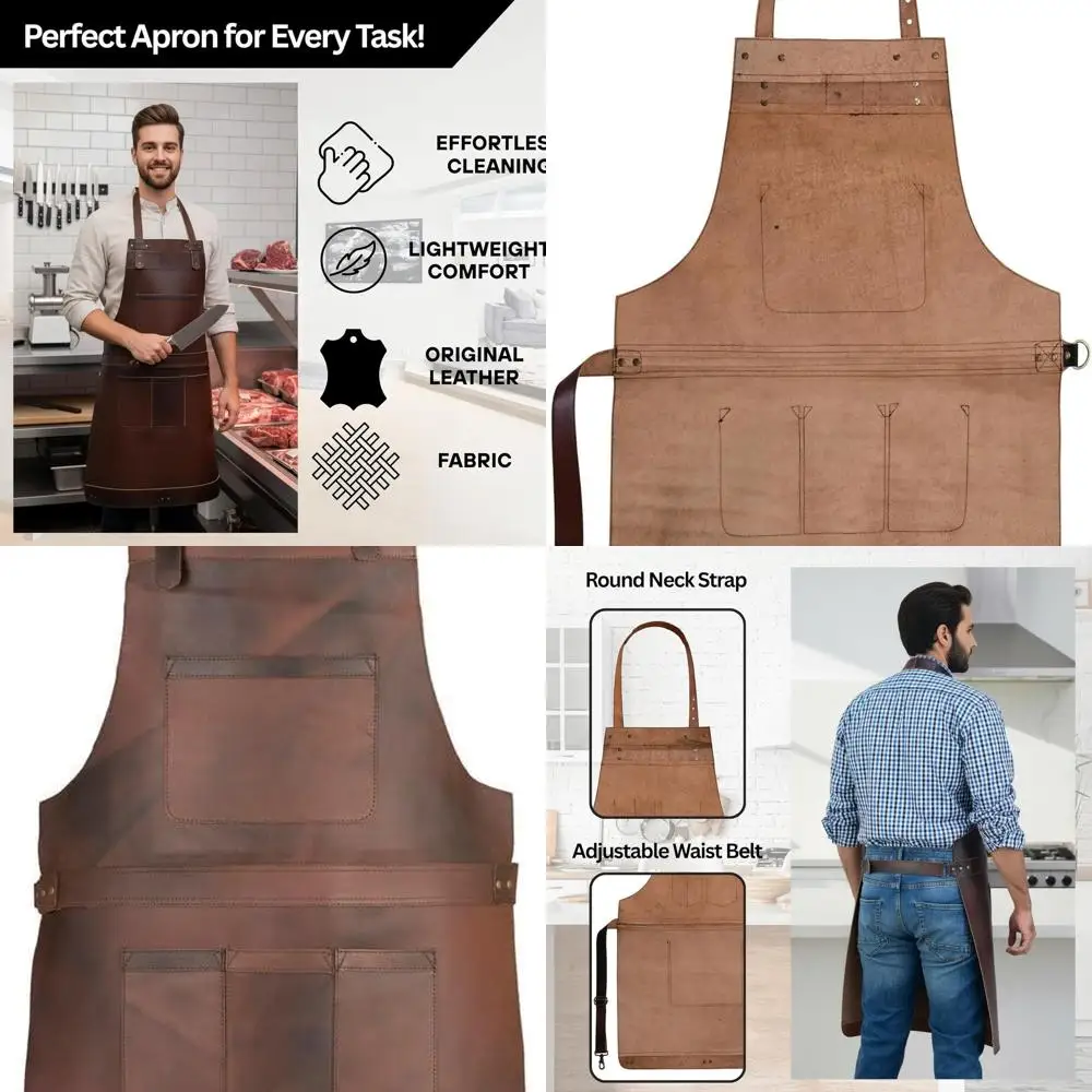 

Brown Leather Chef's Apron - One Size, Suitable for Kitchen and BBQ