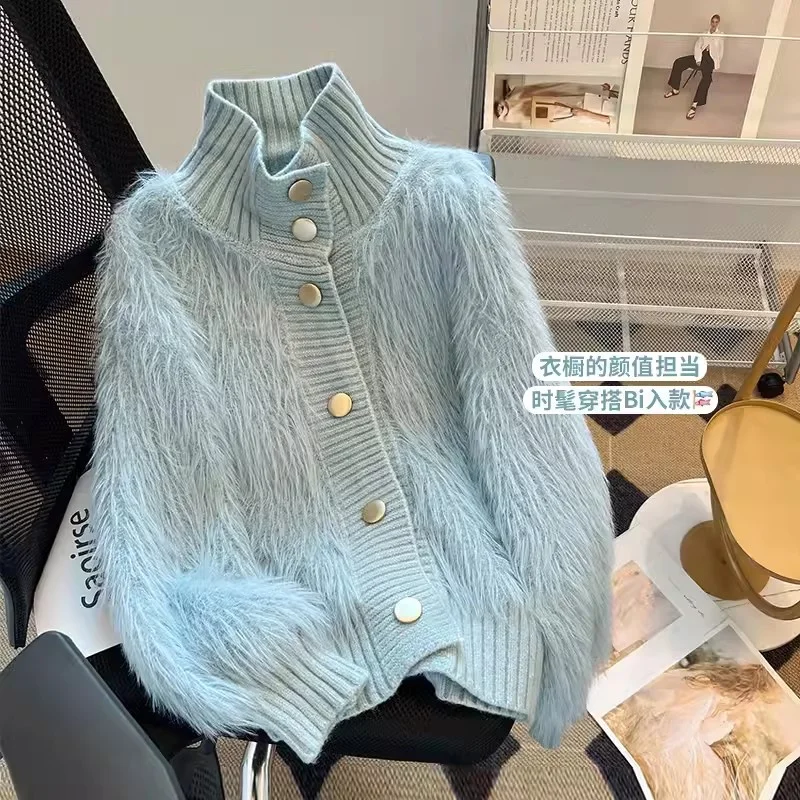 Women's Sweater 2024 Spring Autumn New Style Lmitation Mink fur High Neck Sweater Jacket Women's lazy Style Knitted Cardigan top