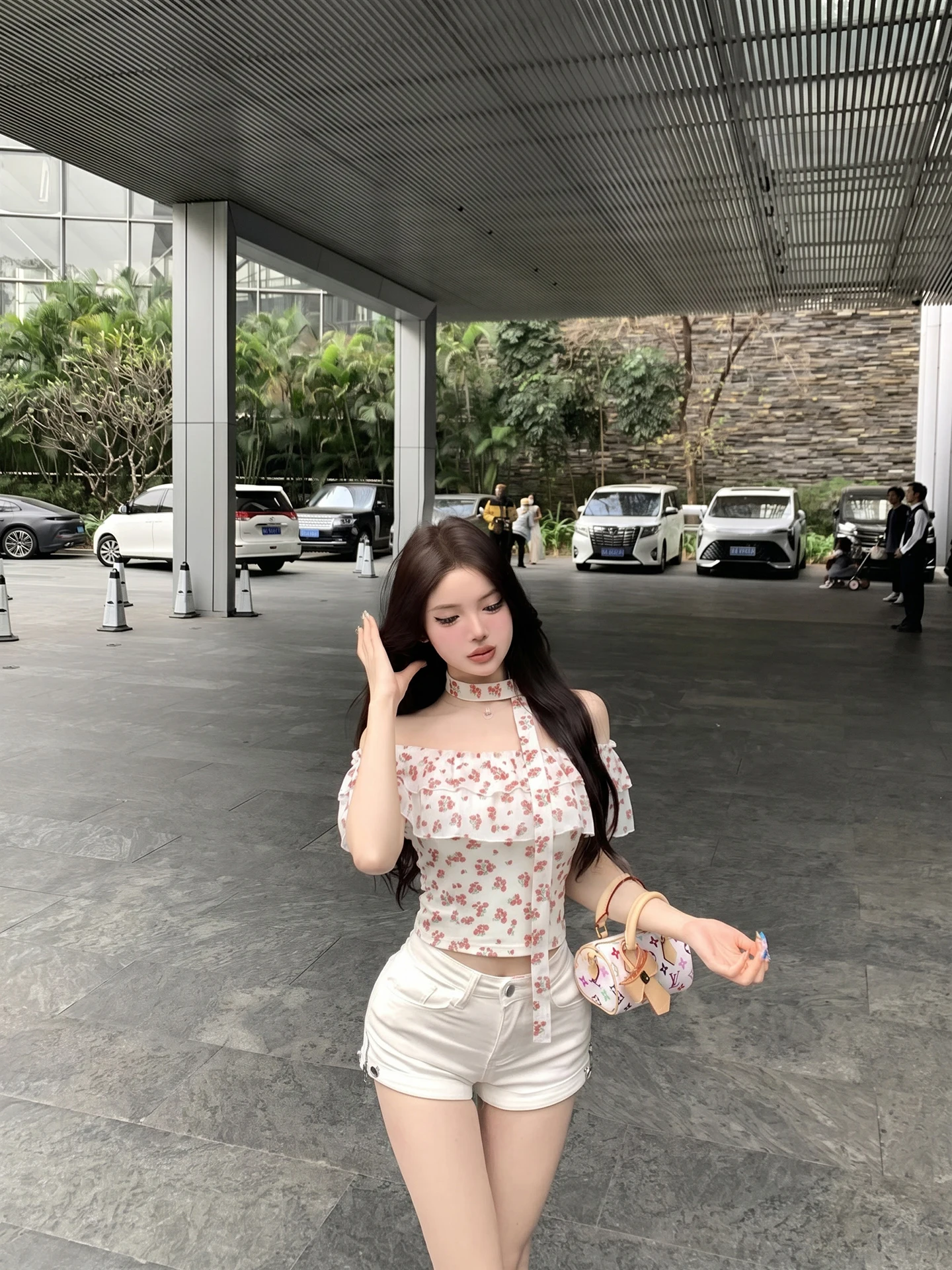 Floral Print Halter Neck Short Shirt Women's Fashion Summer Slim Fit Waist Cinched One Shoulder Top Gathered Skirt Sleeveless