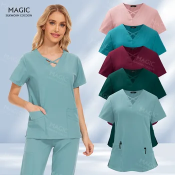 Ensemble d'uniformes de gommage médical de haute qualité, établissement de toilettage pour animaux de compagnie, costumes unisexes, vêtements de travail à col en v, hauts chirurgicaux et pantalons