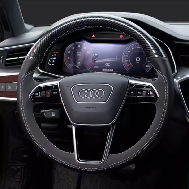 Tampa do volante personalizado para Audi, mão trança de costura, O-tipo, couro genuíno, acessórios do carro, Audi A3, A4, A5, A6, A7, Q3, Q5, Q7, Q8