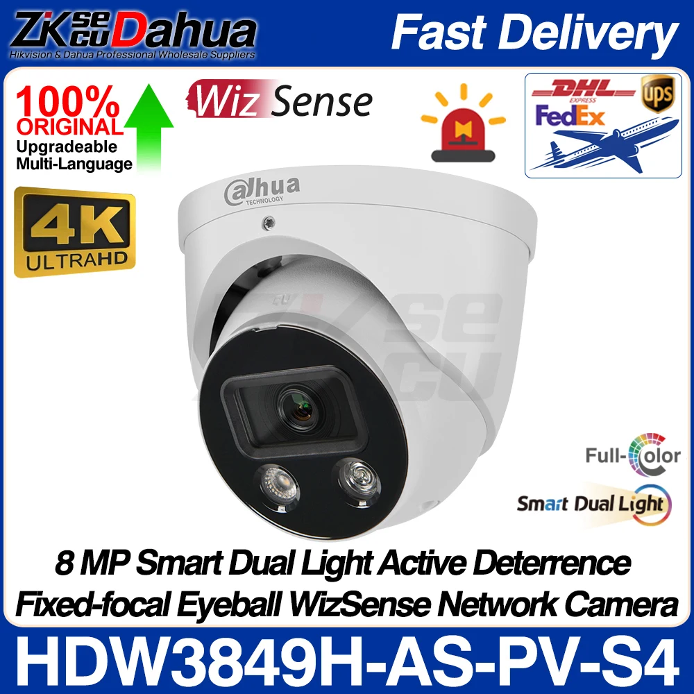 Dahua Original IPC-HDW3849H-AS-PV S4 8MP 4K Smart Dual Light Active Deterrence WizSense Network POE IP Camera Full Color Audio