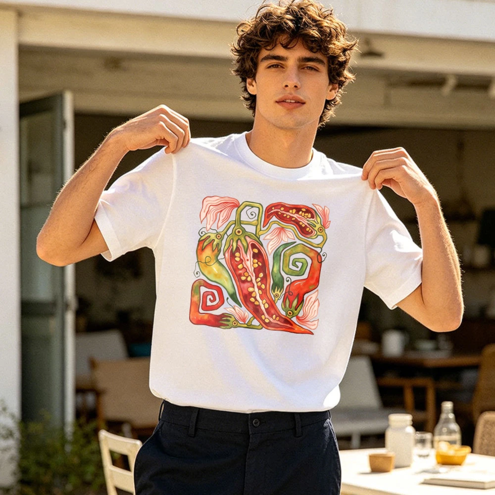 Colorful Chili Pepper Abstract Watercolor Art Men Cotton T Shirt Vegetable Creative Painting Trendy Street Casual Tee