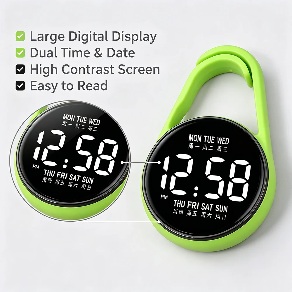 Fashion LED Electronic Hanging Pocket Watch Men Night Light Large Display Backpack Watch Clip-On Watch for School and Travel