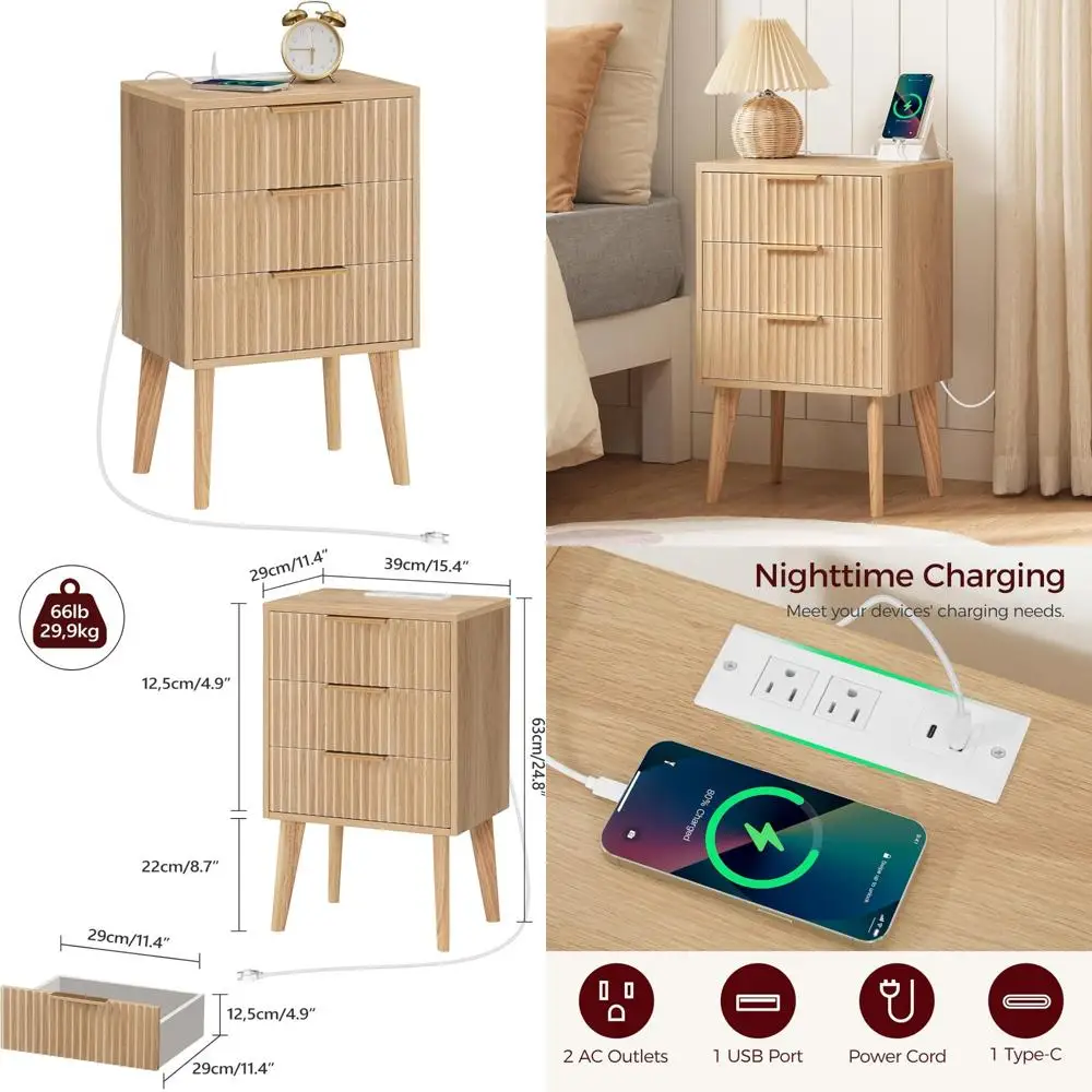 

Современный зарядный столик с рифленым дизайном и прикроватной тумбочкой с 3 ящиками