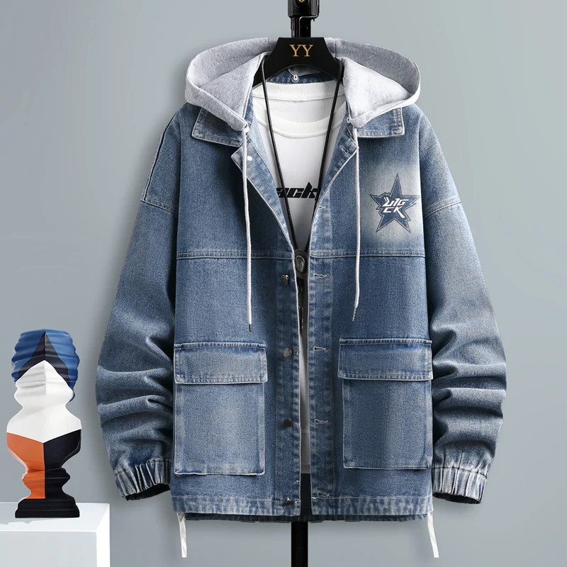 

Мужская джинсовая куртка с капюшоном, весенне-осенняя, модная, свободного кроя, в стиле рабочей одежды, верхняя одежда для подростков, осенняя одежда, молодежный стильный топ