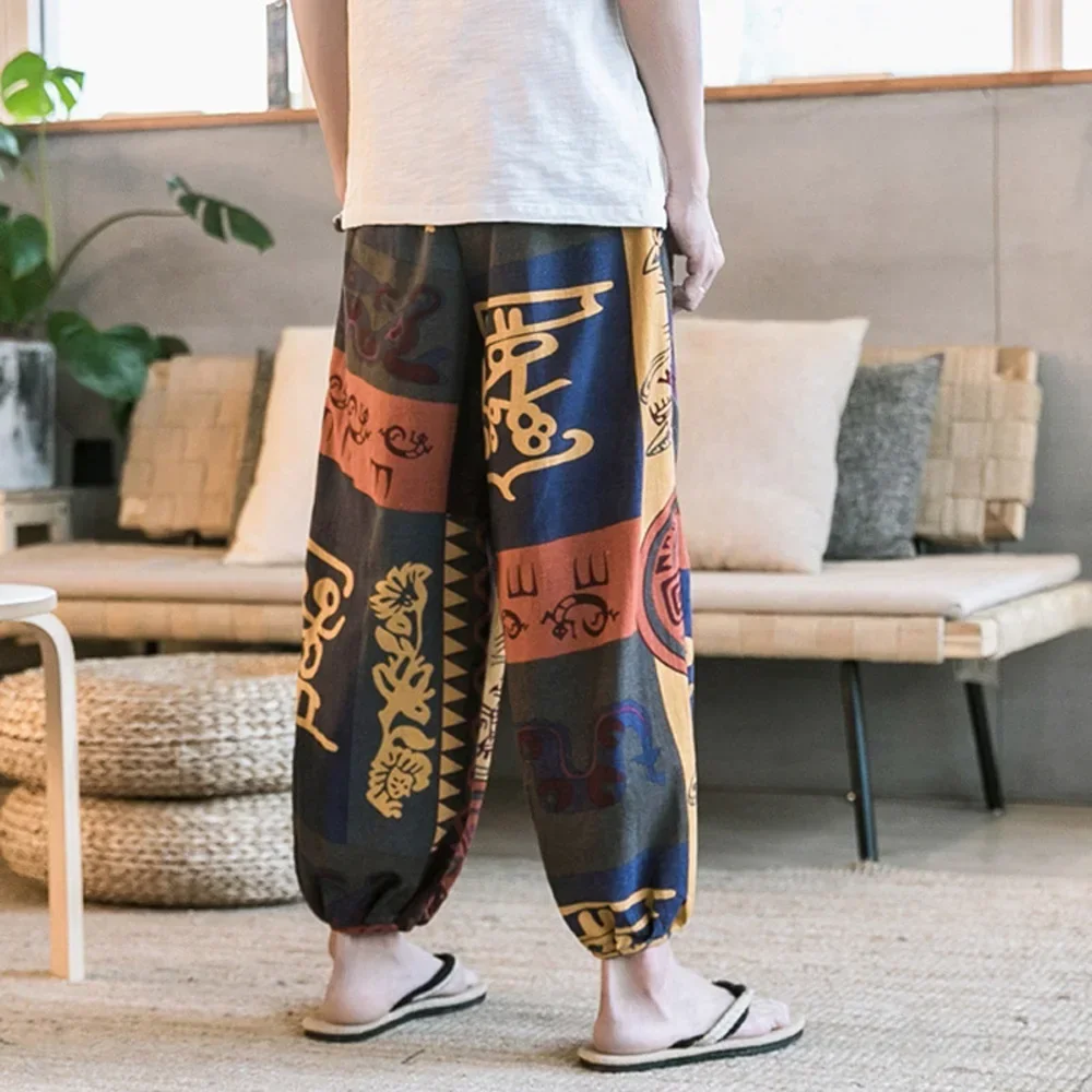 

Fashion Men's Summer Beach Cotton Linen Pants Ethnic Printing Loose Fitting Wide-Leg Pants Bloomers Trousers Man Clothing