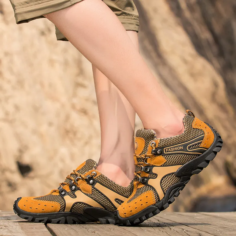 Hiking Shoes Men Summer Waterproof Breathable Yellow Elastic Leather Walking Tour Beach Rock Outdoor Men Climbing Shoes Trekking