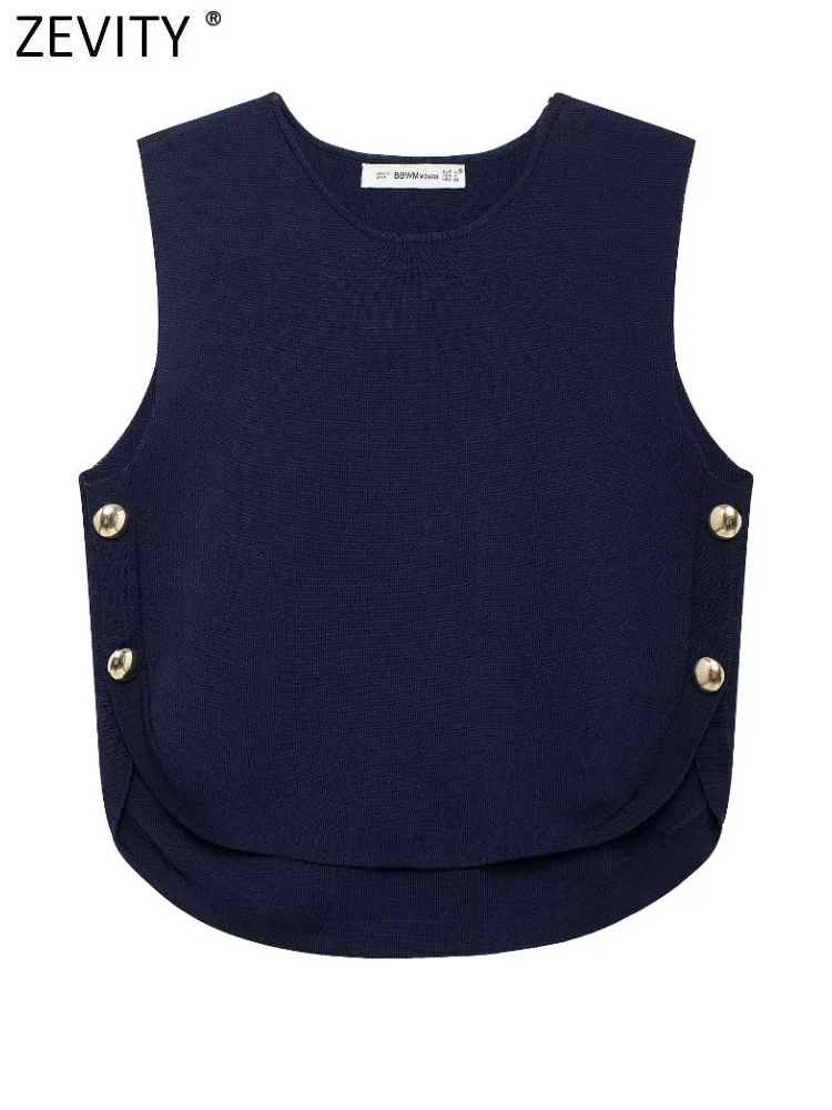 

Zevity Women Fashion O Neck Sleeveless Solid Color Side Buttons Knitting Vest Sweater Female Chic Waistcoat Pullover Tops SW7161