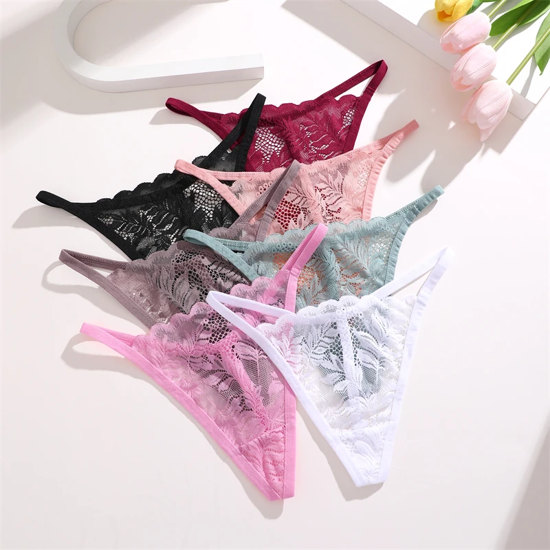 5Pcs Hollow Out Leaf Print Thongs Transparent Women\'s Panties Sexy Lace G String Solid Underwear Female Thin Low Waist Lingerie