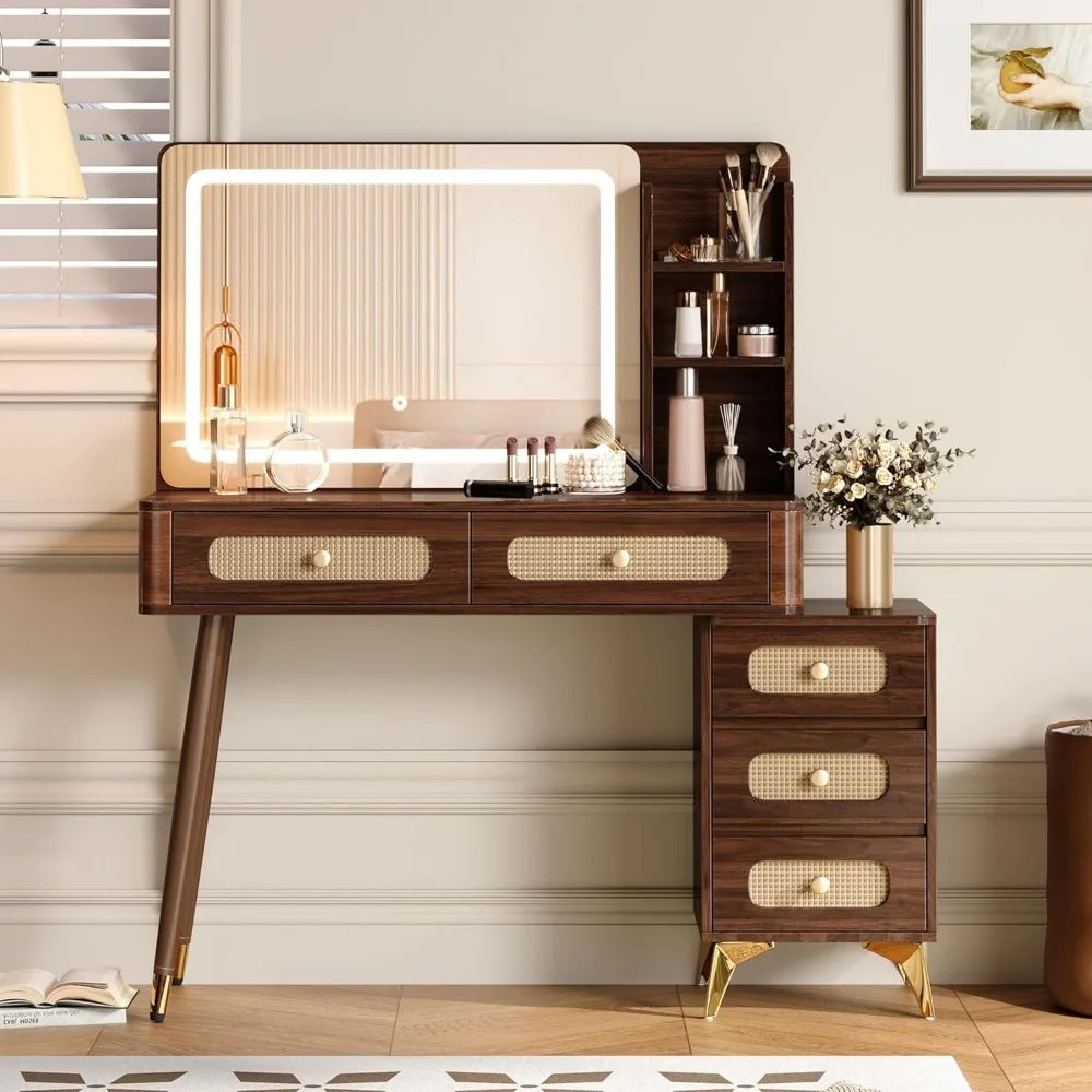 Туалетный столик для макияжа Vintage 47, зеркалом, подсветкой, 5 ящиков, полкой для хранения, стиль ротанга