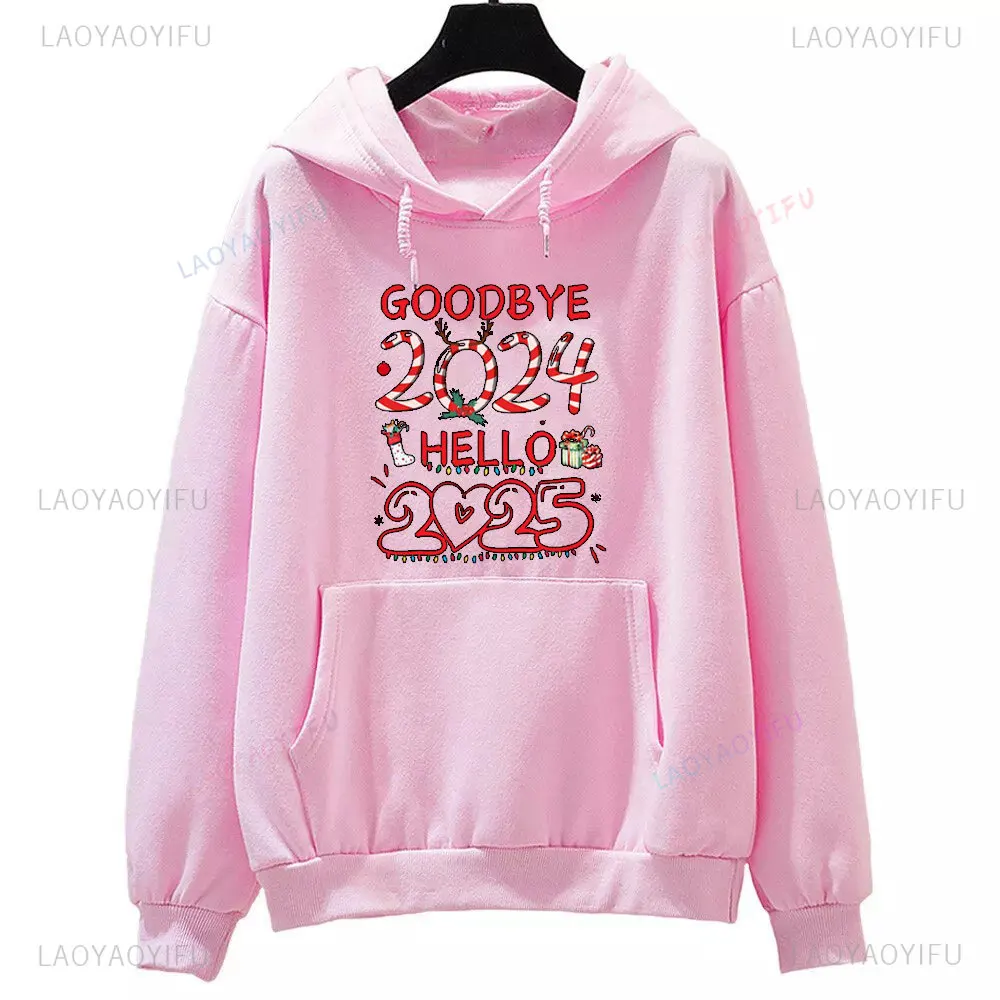 Goodbay 2024 Hello 2025 Christmas Antler Small Colored Light Printed Hoodie Woman Man Autumn and Winter Drop Shoulder Sweatshirt