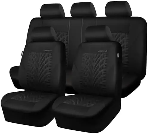 

CAR PASS 3D Tyre Embossed Seat Covers - Universal Fit, Airbag Compatible, Quick Setup for Car, SUV (All Black)