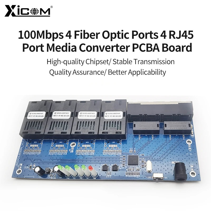 10/100 Ethernet Fiber Switch Optic Media Converter Single Mode PCBA 4 RJ45 4 SC Fibra Optical Transceiver Board 20KM 1310-1550NM