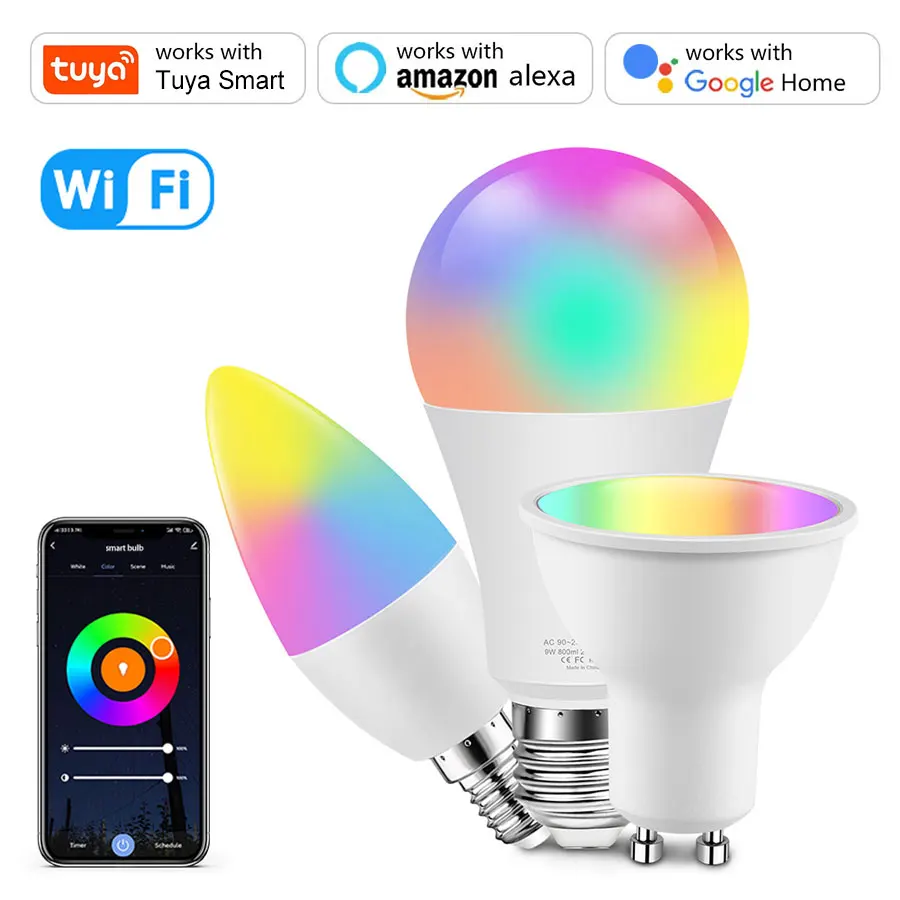 Tuya Smart WiFi Alexa Lamp 85-265V E27 18W 15W 12W E14 9W 7W 5W GU10 220V 110V RGBCW Bulb APP Voice Control Google Home Alice