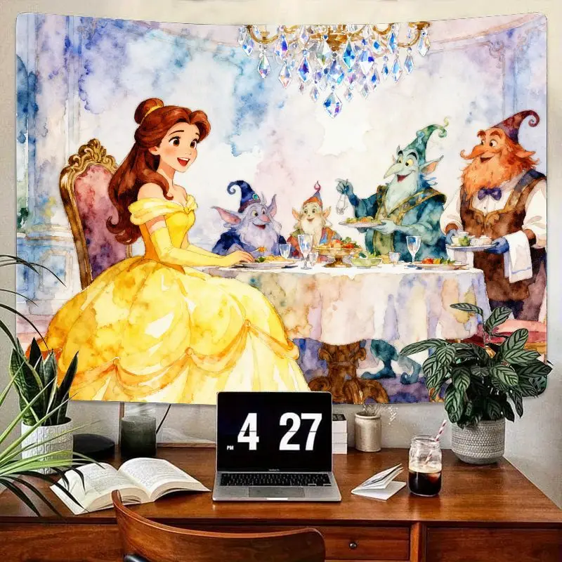 

1 шт. гобелен «Принцесса Белль», «Красавица и чудовище», акварельный фэнтезийный ужин, настенное искусство, элегантный декор комнаты из полиэстера, химерный праздник Ха