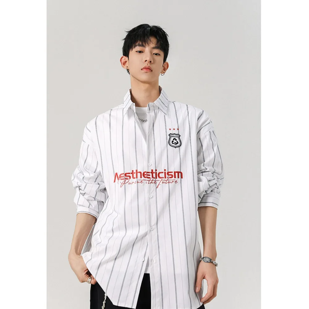 

New Unisex Spring Autumn Fashion Casual Shirt Retro American Color Block Striped Loose Embroidered Long Sleeve Shirt
