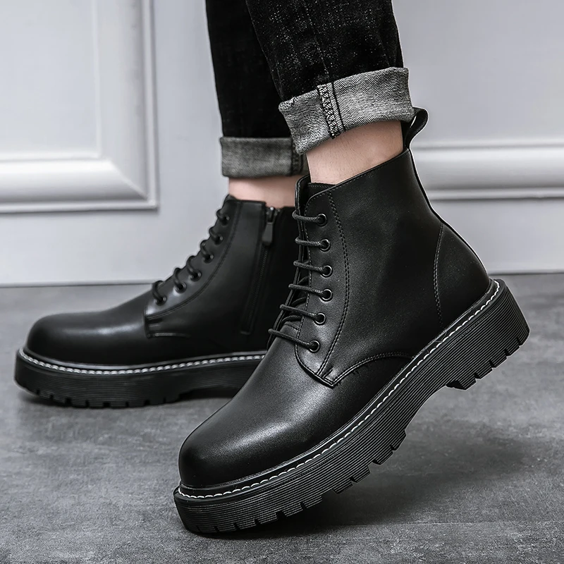 Men's British style high-top boots autumn and winter new high-top leather boots black tooling thick-soled short boots