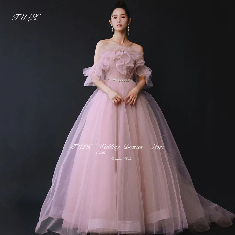 

Modern Off Shoulder Korea Evening Party Dresses Ruffles Ruched Pink Wedding Photo Shoot Pearls Belt Custom Bride Party Gown