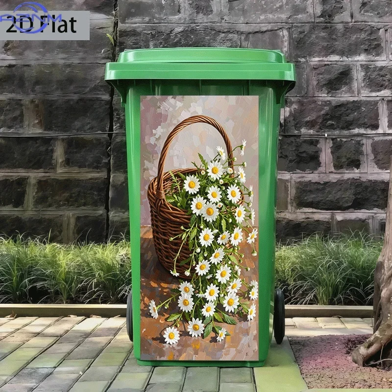 Trash Can Sticker Basket of Blooming Daisies Theme Design Self-Adhesive Wall Decal Wallpaper Kitchen Trash Can Decoration Sui