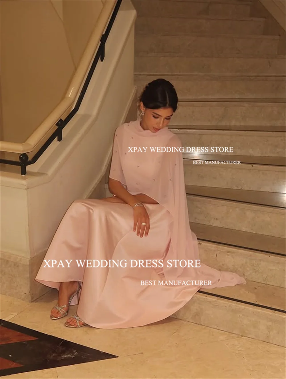 

XPAY Elegant Pink A-line Beaded Shawl Evening Dress Dubai Arab Floor Length Prom Gowns Formal Party Dress Weding Reception Dress