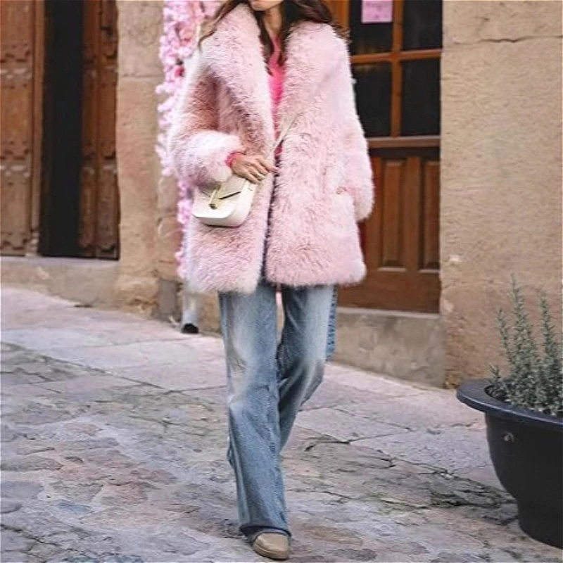 Women Faux Fur Mid Length Coats Jackets Turn Down Collar Coat Thick Warm Y2k Streetwear Jacket Elegant Outerwear Autumn Winter