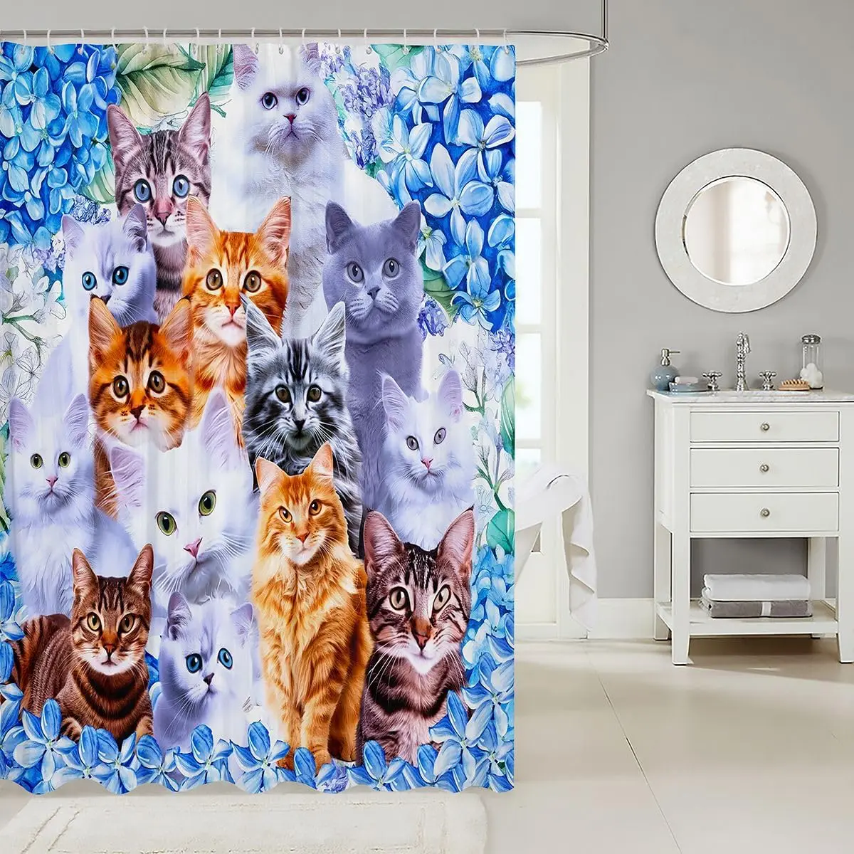 Cute Cat Collage Shower Curtain, Colorful Kitten Portrait Bath Decor, Blue Hydrangea Floral Art, Waterproof Polyester Fabric