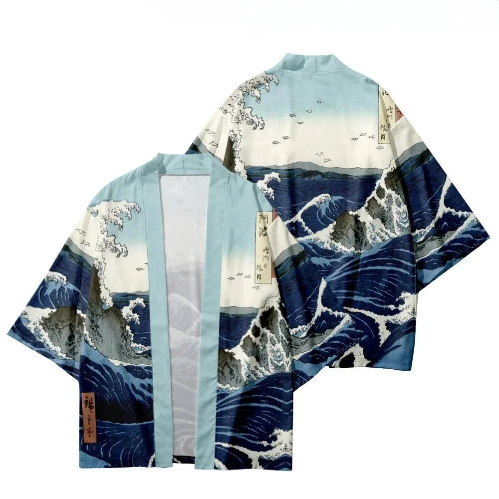 Kimono giapponese da uomo e da donna, onda alla moda, cappotto con motivo stampato, Cardigan tradizionale Haori verde, abbigliamento da spiaggia nero giapponese