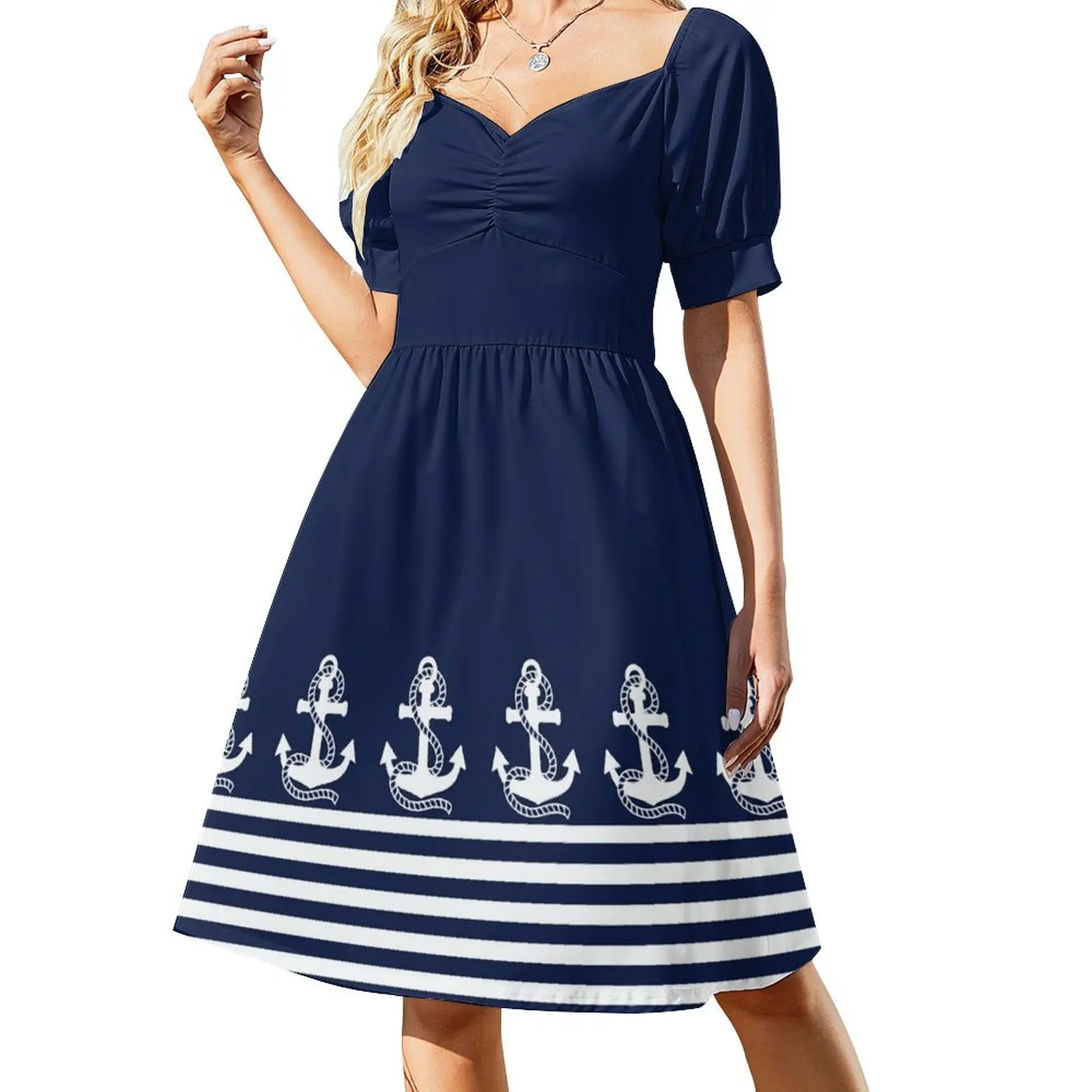 

Nautical Navy Blue Stripes and White Anchor Short-Sleeved Dress loose women's dress chic and elegant evening dress