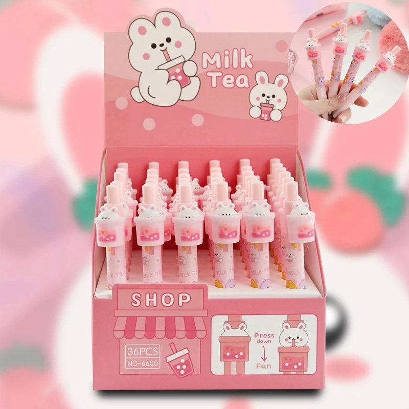 

36pcs Gel Pens Suit 0.5mm Black Cartoon Cute Milk Tea Rabbits Surprise Hide-And-Seek Press Students Learn Office Stationery