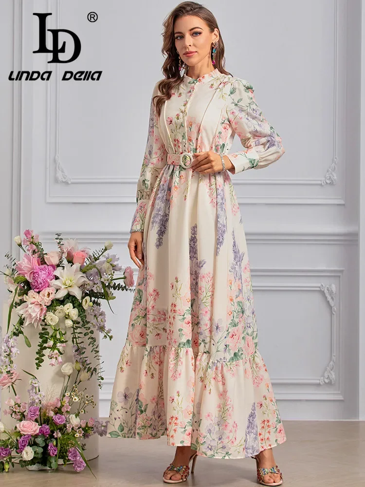 LD LINDA DELLA Fashion Designer Summer Dress Women's Bohemian Floral Print Chiffon Single Breasted Sashes Ruffle Hem Dresses