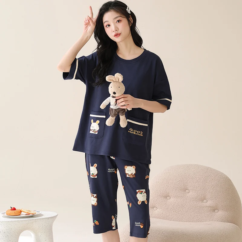 Women Clothes for Summer Pajamas Sets O-Neck Sleepwear Lovely Rabbit Pijamas Mujer Short Sleeve Cotton Sexy Pyjamas Female M-5XL