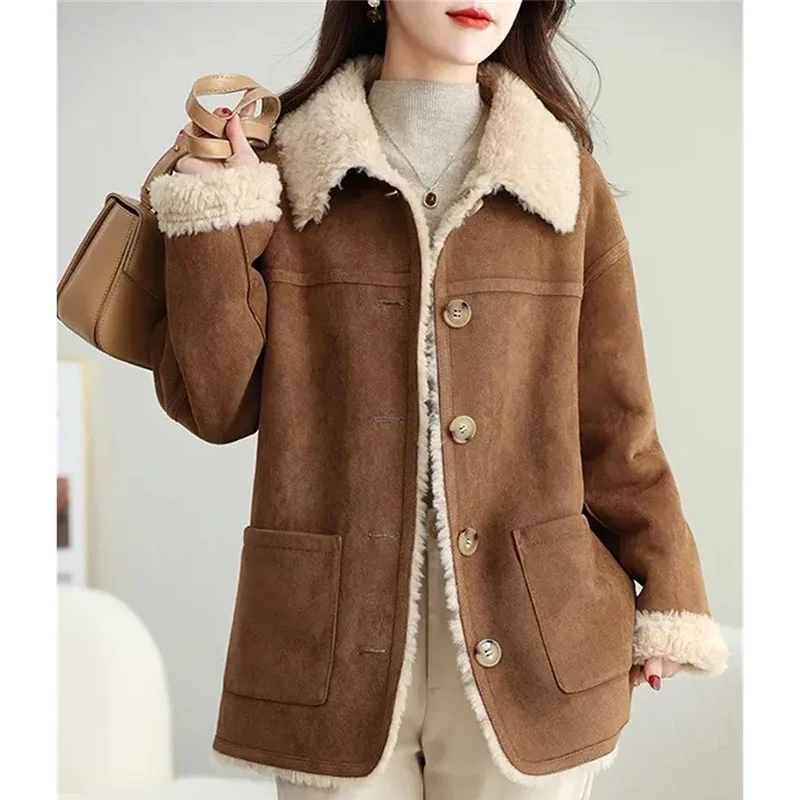 

Autumn Femme High-end Patchwork Lamb Plush Outwear Winter Ladies Long Sleeves Top Jacket Korean Women Fashion Thicken Loose Coat