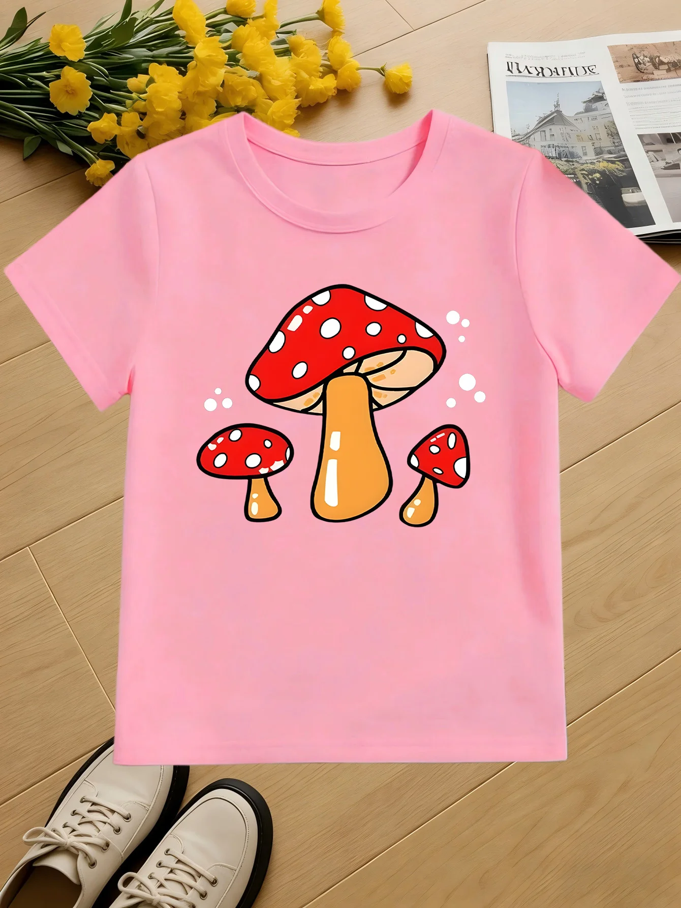 Lovely Three Red Dot Mushroom Whimsical Cartoon Art Print Kids T Shirt Boys Girls Family Matching Summer Crew Neck Casual Tee