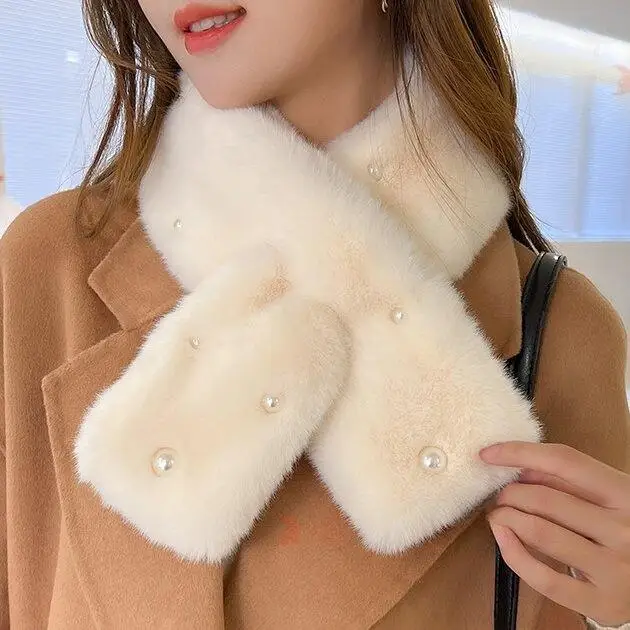 

Winter Plush Cross Scarf For Women Thicken neck warmer Faux Rabbit Fur Soft Scarves Solid Color Coldproof Women Collar Scarf