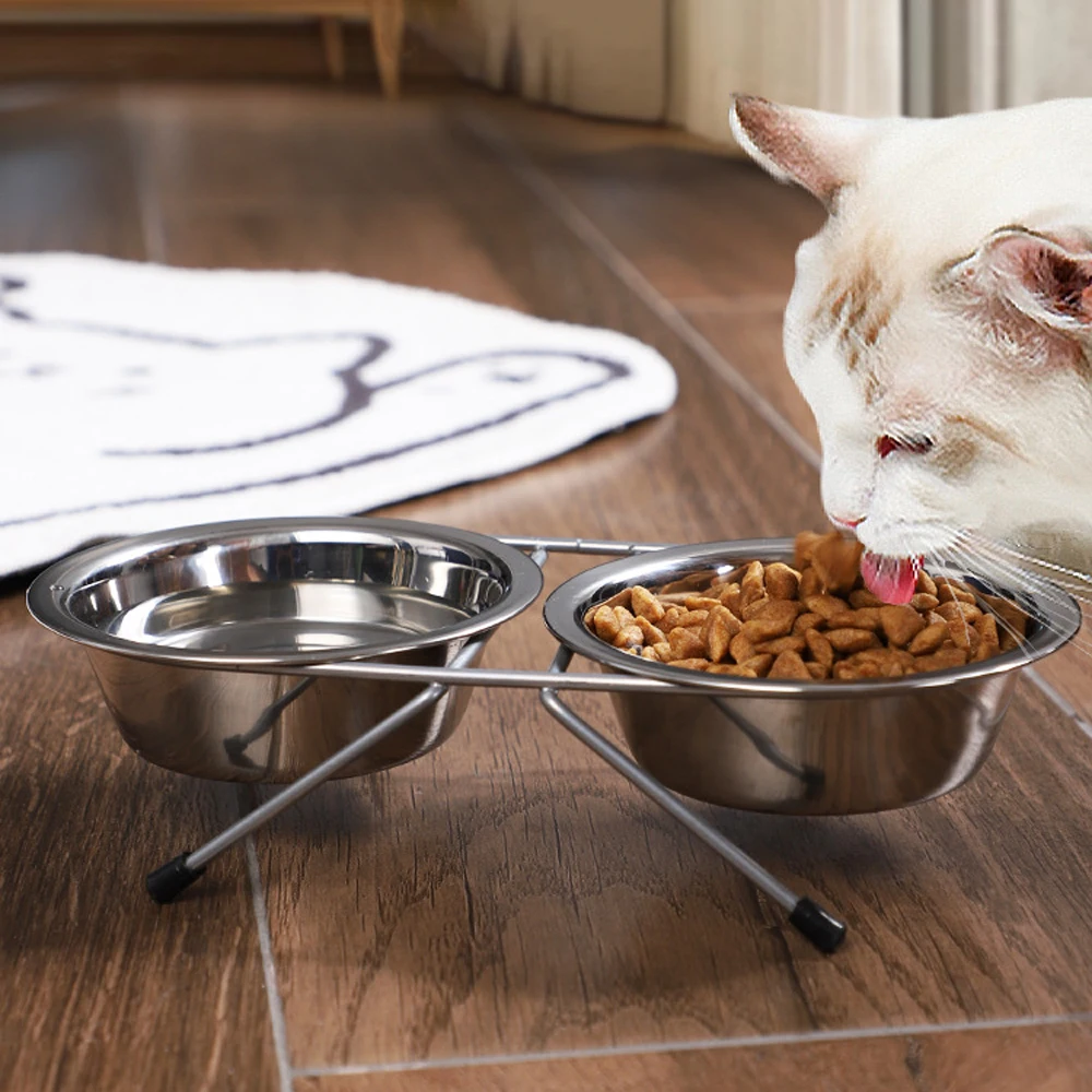 1pc S/M/L Stainless Steel Floor-standing Pet Double Bowl Fall-proof & Durable‌ Line Iron Frame Feeder Dog Bowls for Pet Dogs Cat