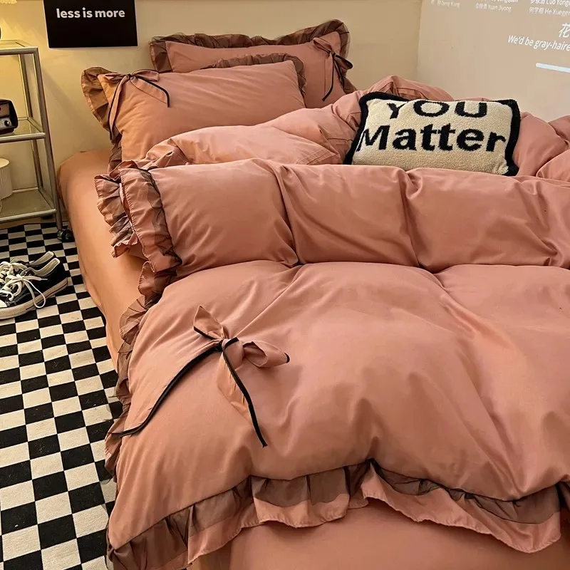 Ins Princess Style Ruffle Trim Duvet Cover Set - Washed Cotton Korean-Style Minimalist Sheet 4-Piece/3-Piece Bedding for Girls