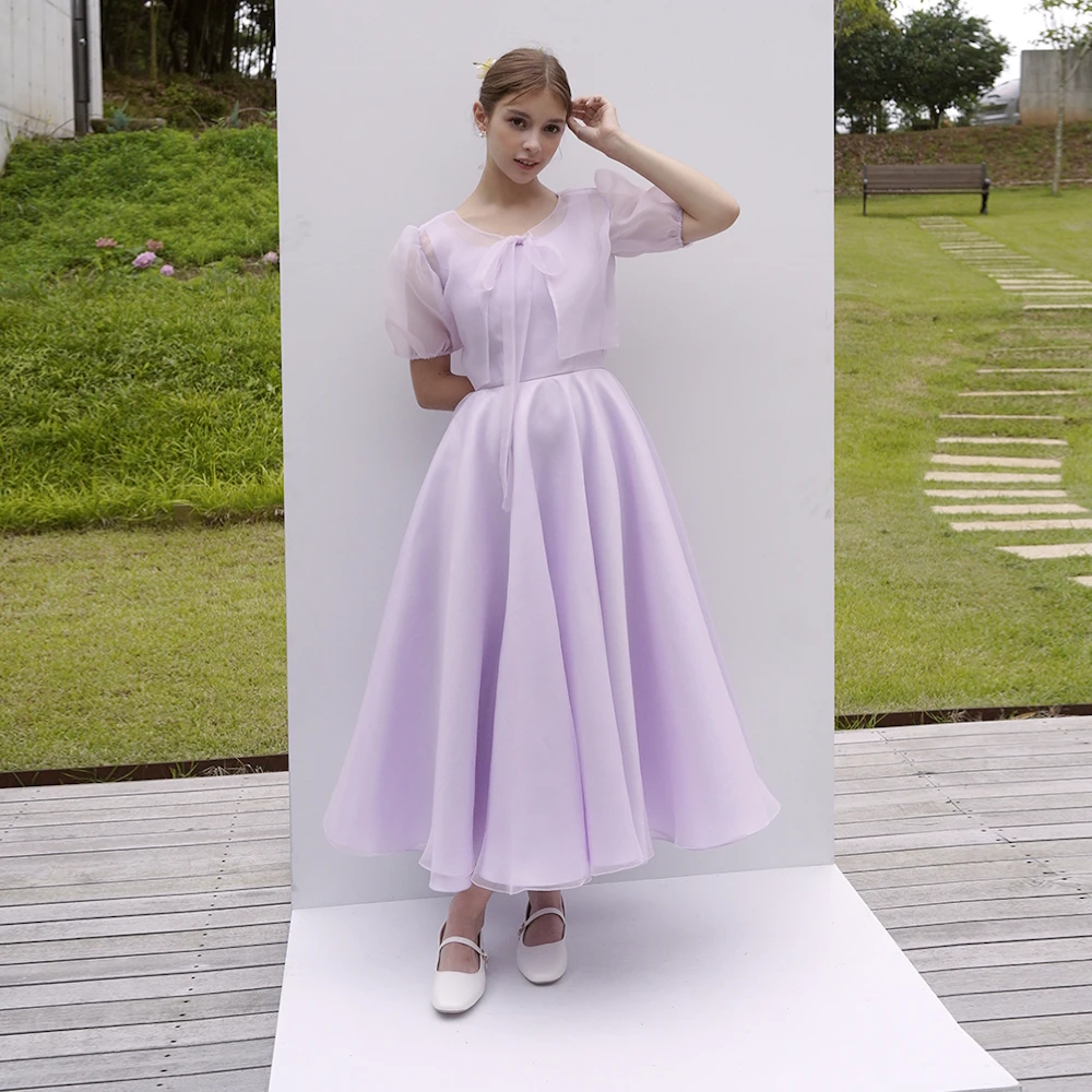 ROSELLA Simple Purple A Line Korea Lady Evening Dresses O Neck Organza Ankle Length Smock Wedding Photoshoot Party Prom Gowns