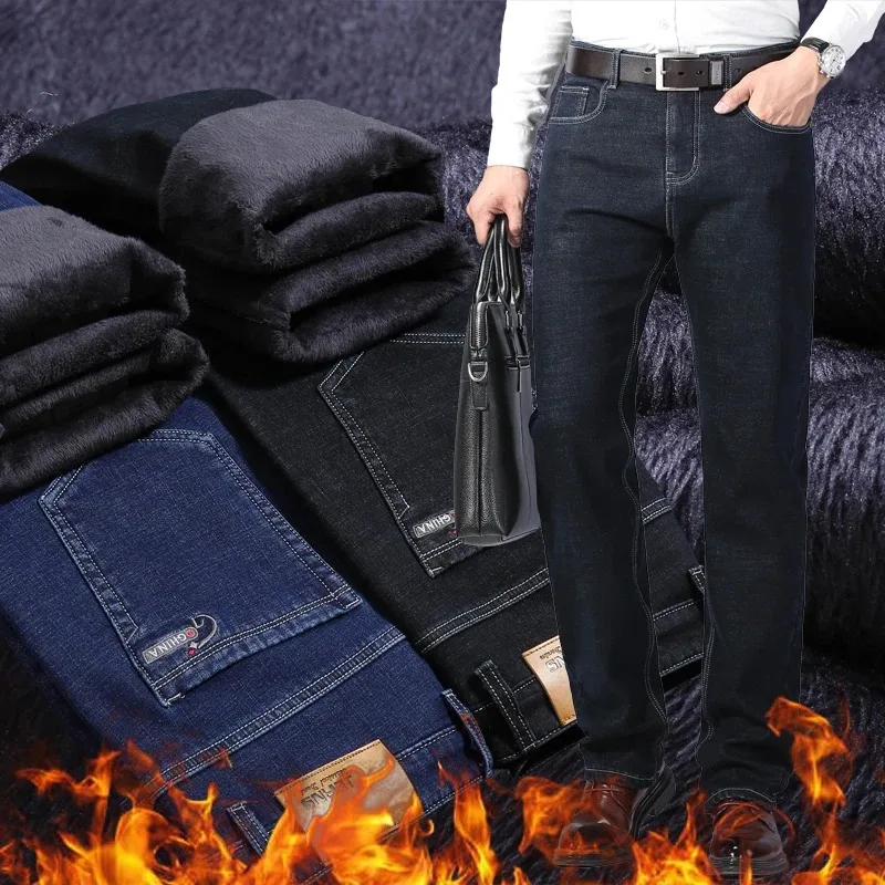 Winter Men's Business Casual Fleece Warm Jeans Straight Tube Loose Velvet Thick Denim Pants Fashionable Wool Plus Size Pants