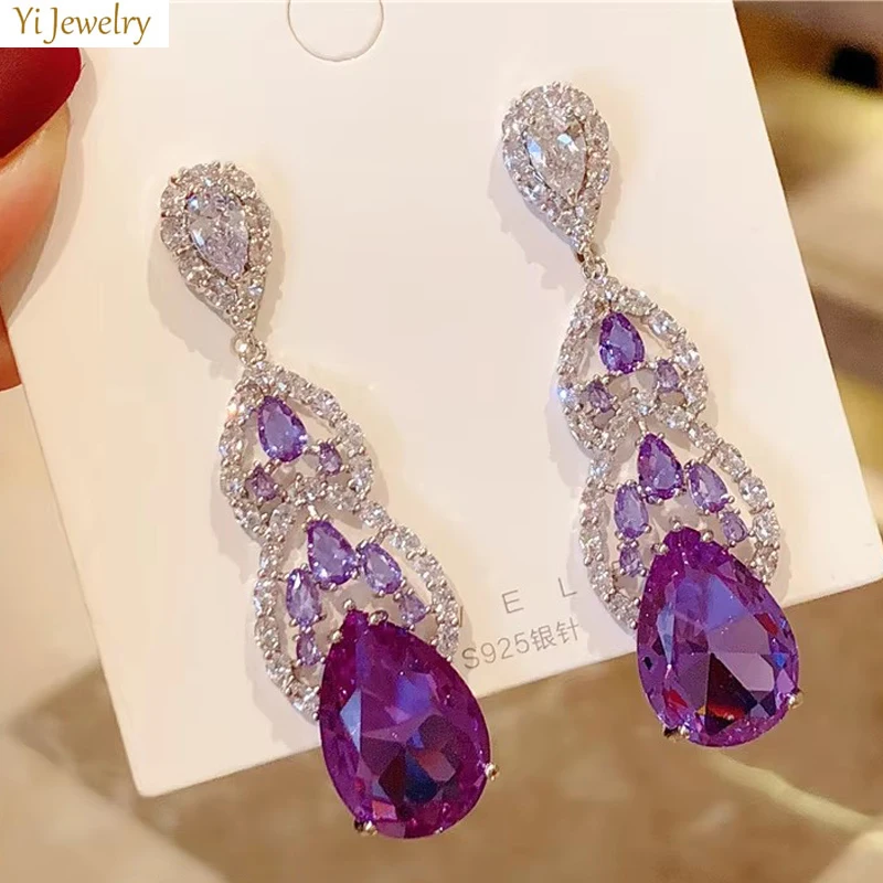 Purple Earrings for Women Luxury Wedding Jewelry Water Drop Earrings Cubic Zirconia Shiny Trendy Jewery Gift Wife Friend