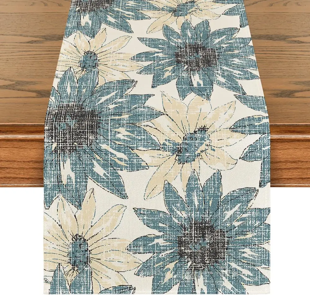 

Spring Blue Retro Daisy Linen Table Runners Dresser Scarves Decor Reusable Farmhouse Kitchen Dining Table Runners Party Decor